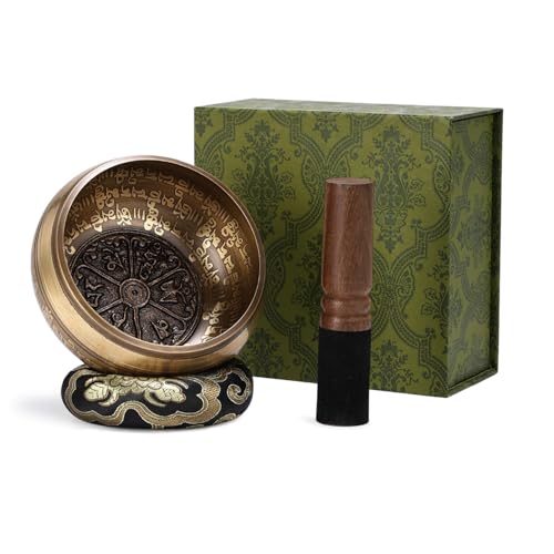 AnsaJee Tibetan Singing Bowl Set,Handcrafted in Nepal 4.5 Inch Meditation & Sound Bowl with Mallet,Cushion & Case,Portable Yoga Chakra Healing Gift for Beginners,Mindfulness,Stress Relief