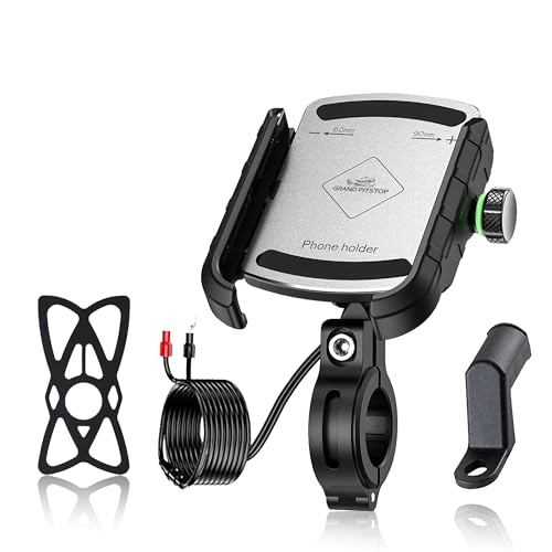 Image of GRAND PITSTOP Mobile Holder for Bikes, Motorcycle, Scooter, Bicycles, Jaw Grip with Charger Bike Mobile Holder for Maps and GPS Navigation with 360 Rotation Aluminium Handlebar Phone Mount-Silver