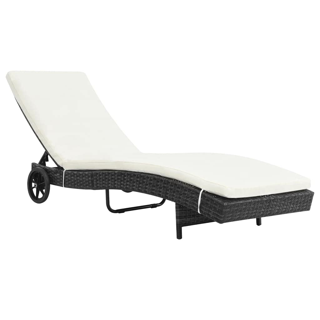 Leepesx Lettino Prendisole Lettino Prendisole da Giardino Lettino Letto da Giardino Giardino per Esterno Lettino Prendisole con Ruote e Cuscino in Polyrattan Nero