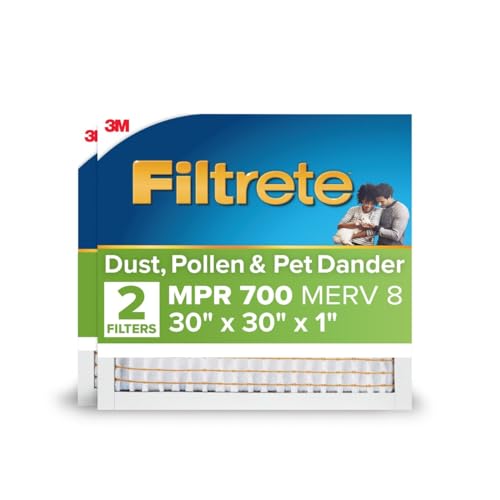 Filtrete 30x30x1 AC Furnace Air Filter MPR 700 MERV 8 Tough on Pollen Easy on Airflow 3-Month Pleated 1-Inch Electrostatic Air Cleaning Filter 2-Pack (Actual Size 29.81 x 29.81 x 0.65 in)