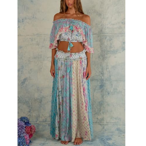 Meiweileya Women Y2k Boho Floral Two Piece Maxi Skirt Set Summer Off Shoulder Crop Tops Ruffle Flowy Going Out Long Skirts3