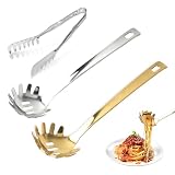3-częściowy zestaw szczypiec do spaghetti, szczypce do makaronu, widelec, szczypce do spaghetti, ze stali nierdzewnej, srebrne, złote łyżki do spaghetti, idealne do makaronu, sałatek i potraw z grilla