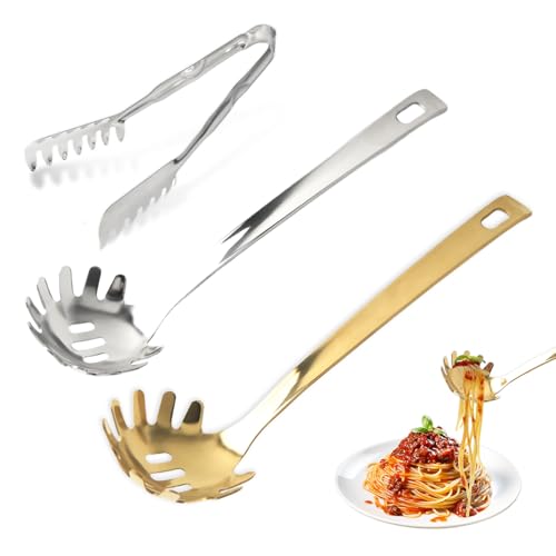 3-częściowy zestaw szczypiec do spaghetti, szczypce do makaronu, widelec, szczypce do spaghetti, ze stali nierdzewnej, srebrne, złote łyżki do spaghetti, idealne do makaronu, sałatek i potraw z grilla