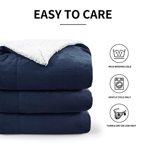 Aisbo Blanket Queen Navy Blue Warm - Thick Winter Sherpa Fleece Queen Size Blankets For Bed, Reversible Fluffy Soft Large Throw Blankets, 90X90 Inches #TOP6