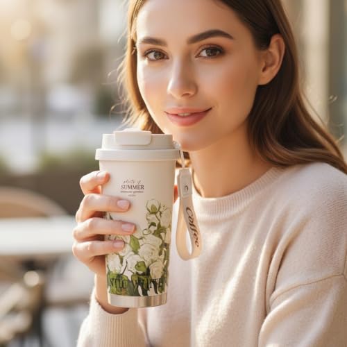 Image of Spiaty Summer Garden Floral Travel Mug with Strap, White Roses Design,500 ml Insulated Coffee Cup with Lid Leak-Proof Thermos Mug for Coffee, Tea, Hot or Cold Beverages