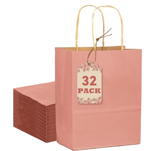 Gcardist 32 piezas bolsas de papel kraft con asas 21 x 15 x 8 cm, pequeñas bolsas de regalo para fiestas, color rosa claro, bolsas de compras y obsequios, múltiples usos (8.3 x 6 x 3 pulgadas, tamaño