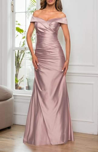 Off Shoulder Mother of Bride Dresses for Wedding Satin Long Evening Gowns Ruched Mermaid Formal Dress3