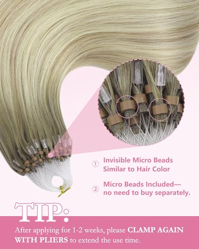 Image of YoungSee Micro Bead Hair Extensions Real Human Hair Blonde Ombre Micro Link Hair Extensions Human Hair Blonde to Platinum Blond Micro Ring Hair Extension for Wedding 20 Inch 50 Strands 50g