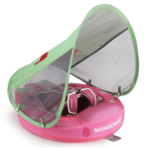 Image of Mambobaby Float Add Tail Baby Swim Float with Canopy Solid Pool Infant Swim Trainer Swimming Training Lying Air Free Water Floats Non-Inflatable Waist Swim Ring for Toddlers (Dragon Fruit)