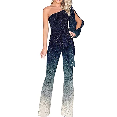 CHAOEN Mono de lentejuelas para mujer, cintura alta, un hombro, brillante, sexy, con purpurina, para fiesta, club, con cinturones, talla Reino Unido, azul, XL
