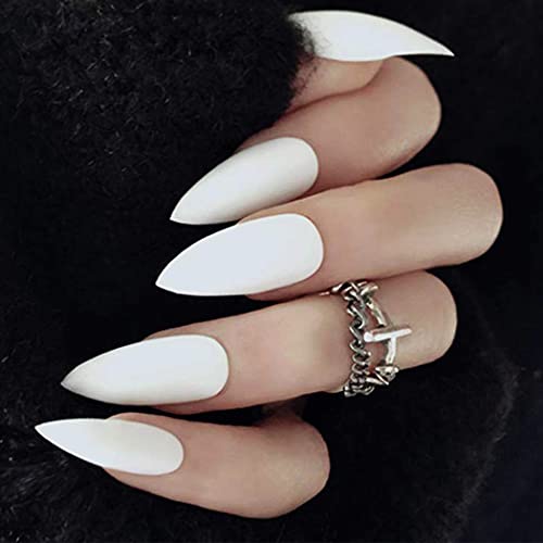 Eollan Matte White Press on Nails Long Stiletto Fake Nails Coffin False Nails Full Cover Artificial Nails for Women and Girl(24PCS)