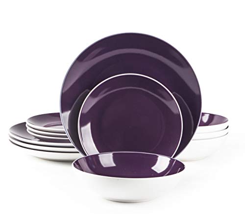 HomeVss, Stoneware Coupe Shape 12pc Dinnerware Set, Outside White + Inside Violet