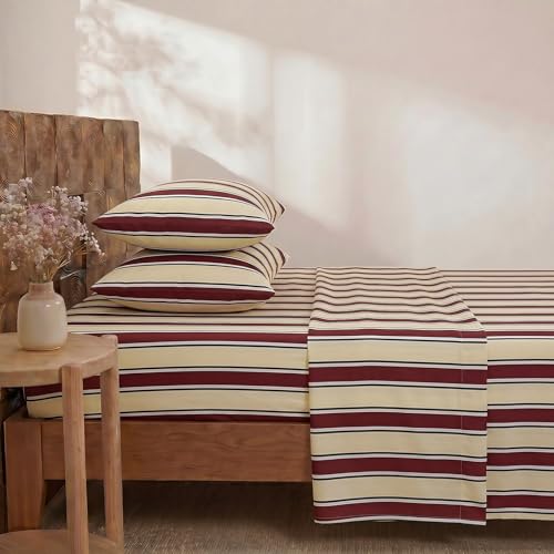 Image of Merryword 100% Cotton Sheet Set Queen Size - Burgundy & Cream Striped Bedding, Soft Breathable Percale Weave, Deep Pocket Fitted Sheet 17.5 inch, Luxury & Silky Soft Sheet Set for All Seasons