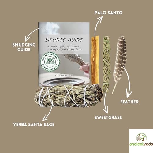 Ancient VEDA Organic Smudge Kit – Yerba Santa, Palo Santo, Sweetgrass Braid, Feather & Smudge Guide | Home Cleansing Kit for Meditation, Yoga, Energy Healing & Gift (Starter Kit, Yerba Santa Sage)