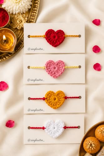 Image of Handmade Crochet Rakhi Set Heart Shape Designer Raksha Bandhan Combo pack of 4