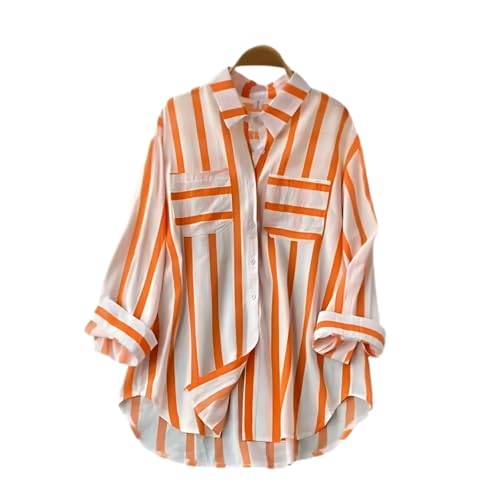 Image of ROYALICA Women's Orange & White Striped Cotton Blend Oversized Casual Shirt
