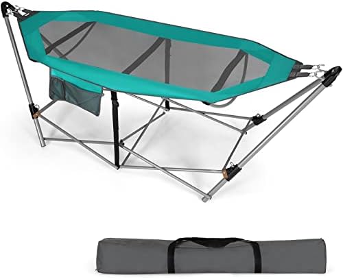 COSTWAY Folding Hammock with Metal Stand, Carrying Bag, Anti-Slip Buckle and Storage Pocket, Portable Travel Lounge Camping Bed, Outdoor Garden Patio Swinging Hammock (234 x 83 x 89cm, Turquoise)