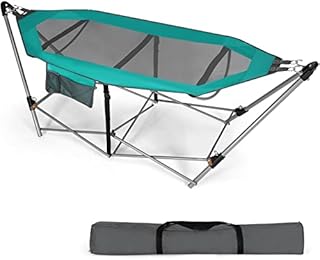 COSTWAY Folding Hammock with Metal Stand, Carrying Bag, Anti-Slip Buckle and Storage Pocket, Portable Travel Lounge Camping Bed, Outdoor Garden Patio Swinging Hammock (234 x 83 x 89cm, Turquoise)