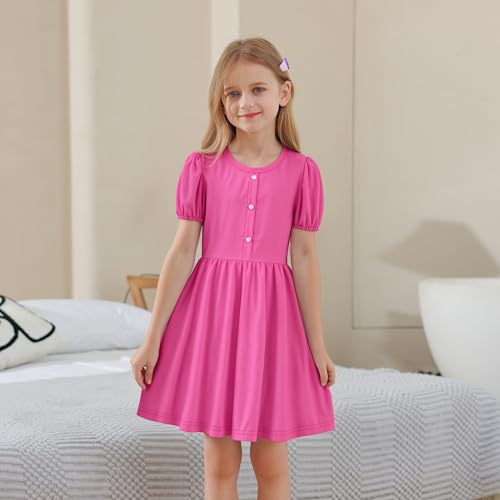 LQSZ Girls Summer Dress Puff Sleeve High Waist A Line Solid Color Dress for Party School Easter Outfit 3-12Y3