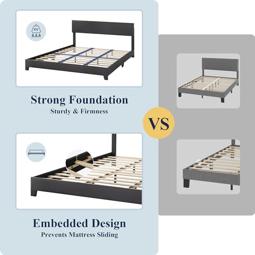 image for Allewie King Size Bed Frame with Adjustable Headboard, Faux Leather Pl