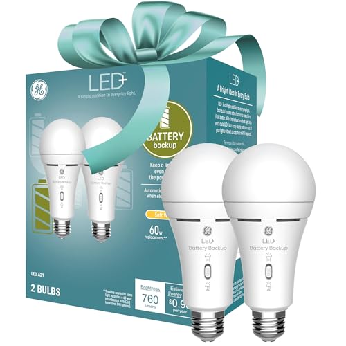 GE LED+ Backup Battery LED Light Bulbs, 8W, Rechargeable Emergency Light for Power Outages + Flashlight, Soft White, A21 Bulbs, Great Christmas Gifts for Men, Holiday Gift for Women (2 Pack)