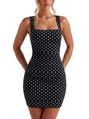 Image of BORIFLORS Women's Sexy Bodycon Corset Mini Dresses | Square Neck Ruched Sleeveless Club Party Short Dress