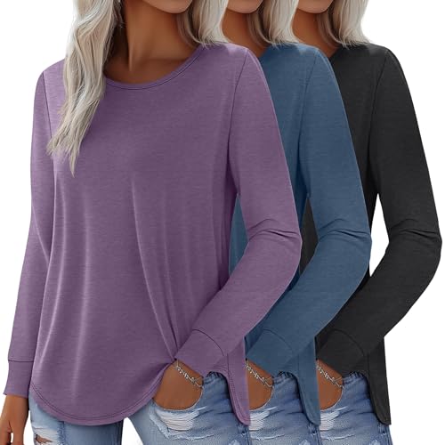 Huukeay 3 Pack Womens Long Sleeve Shirts Crewneck Loose Fit Cotton Tops Casual Curved Hem Tees Basic Fall Shirts