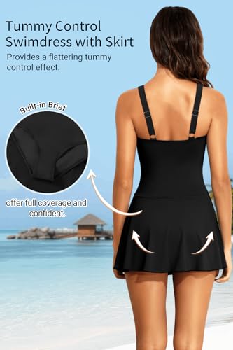 Image of Tempt Me Women Swim Dress Tummy Control One Piece Swimsuits with Skirt 2026 | Adjustable Dual Straps, V-wired neckline, Ruched Tummy Control, Removable Cups, Side Bow-knot