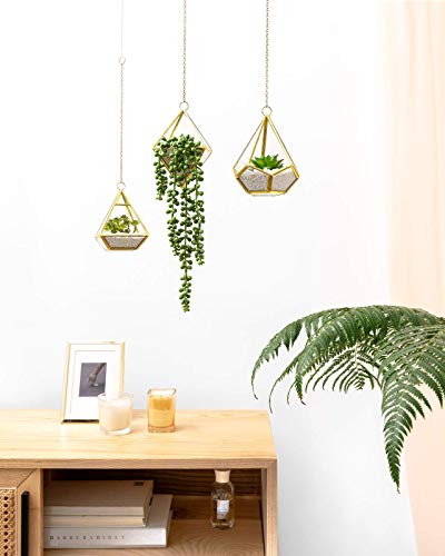 Mkono Artificial Succulent Plants With Hanging Glass Geometric Terrarium, Set Of 3 Mini Vertical Miniature Potted Fake Plant For Home Office Decor Dorm Wedding Gift Idea, Gold #TOP3