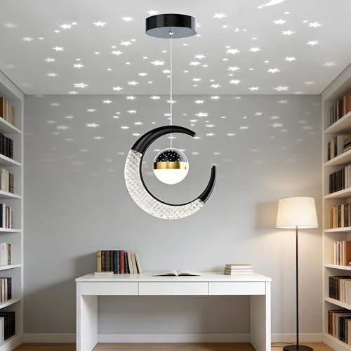 FDOIUTU Suspension Luminaire Lune avec Projection de petites étoiles LED 10W Lustre Plafonnier Éclairage de pour Chambre D'enfant Chambre, Café, Bar, Restaurant...