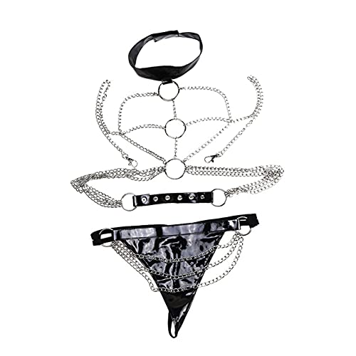 GBEN Damen Punk Harness Ganzkörper Metallkette Büstenhalter Sexy Dessous Aushöhlen BH Leder Wetlook Breast Körperketten… – Bild 4