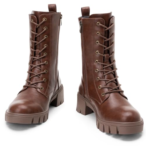Image of Vepose Women's Mid Calf Combat Lace Up Chunky Platform Boots