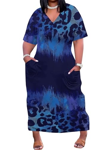 Image of Plus Size Maxi Dress for Women Short Sleeve V Neck Casual Loose Sundress with Pockets