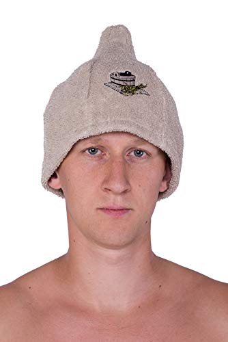 Ger3as Saunahut Baumwolle und Leinen mit Stickerei für Damen und Herren Wellness Cap Natürlich Saunamütze Premium Qualität