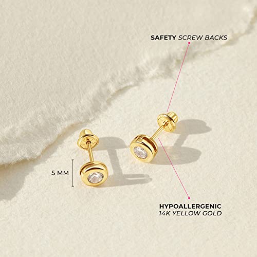 14k Yellow Gold Clear Round Cubic Zirconia Screw Back Earrings For Toddlers and Little Girls - Sparkling Clear CZ Stud Earrings For Young Girls4