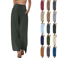 2025 Pantaloni Estivi da Donna in Lino Pantaloni Casual in Cotone e Tessuto di Lino Pantaloni Casual Monocromatici Pantalone da Spiaggia a Vita Alta e Gamba Larga con Tasche (A2-Army Verde, M)