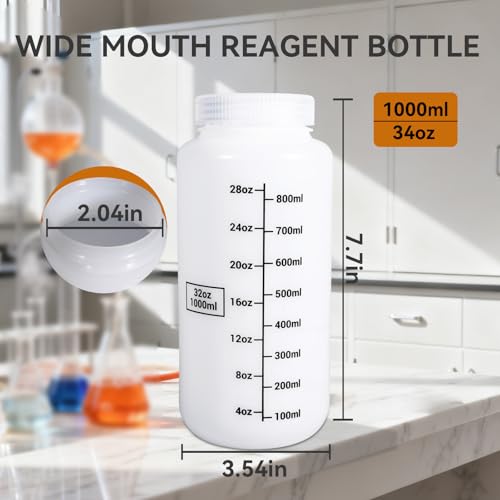 ASEVAT Wide Mouth Plastic Bottles Reagent Bottle, Scaled Pill Bottle Laboratory Chemical Container with Screw Cap, Plastic Sample Containers for Storage or Home (Translucent, 32 oz)