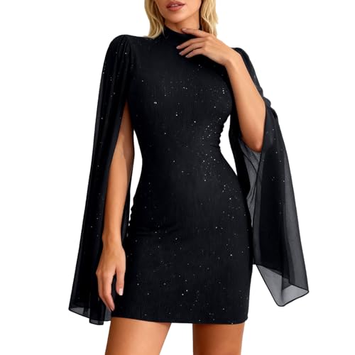 Duohropke Hübsche Kleid Damen Partykleid Sexy Bodycon Kleider Langarm Rollkragen Bleistiftkleid Mit Cape-Ärmel Mesh Glitzer Paillettenkleid...