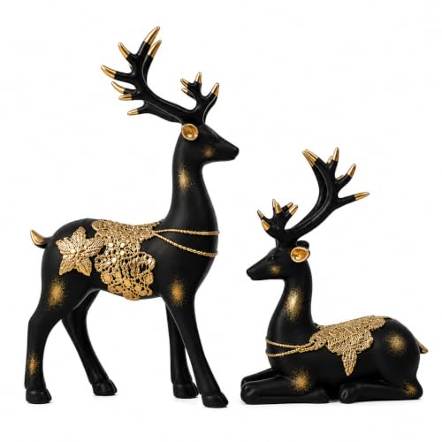 Image of eCraftIndia Resin Reindeer Showpiece for Home Decor Living Room (Pack of 2 Golden Black) | Vastu Feng Shui Items for Good Luck Gift for Housewarming Birthday