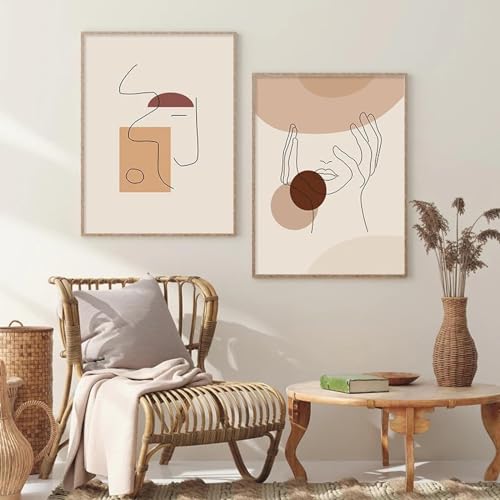 Toile murale KEBIA visage art linéaire beige lot de deux sans cadre