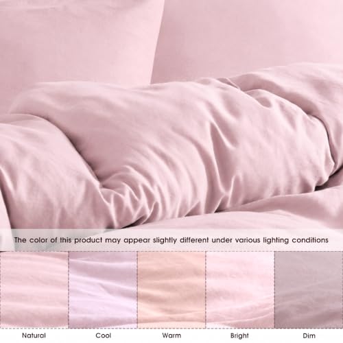 Image of Washed Primrose Pink Duvet Cover Set King Size,2 Pillow Shams, No Comforter | Prewashed Microfiber, Button Closure,4 Corner Ties, Ultra Soft, Cotton-Like, All Seasons, King Duvet Cover 104x90 in