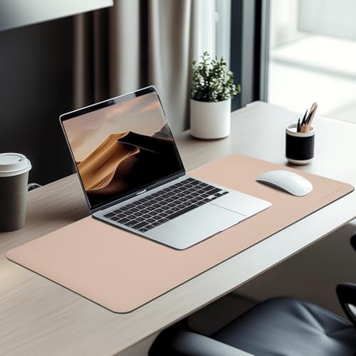 Image of AROPANA Vegan Leather Desk Mat | Large Reversible Mouse Pad & Computer Table Protector | Dual-Side Waterproof Extended Laptop Pad with Edge-Stitched Design (80x40CM, Apricot and Orange)