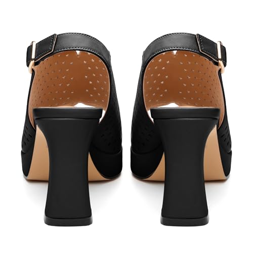 Womens Heeled Platform Sandals, Chunky Heel Square Peep Toe Hollow Out Slingback Sandals, Leather Upper, Lining and Insole Shoes for Women 3.3"4