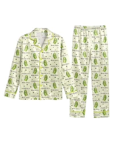 HUNTFAMI Im Kind of a Big Dill Pickle Satin Pajamas for Women Long Sleeve Funny Print Sleepwear Set
