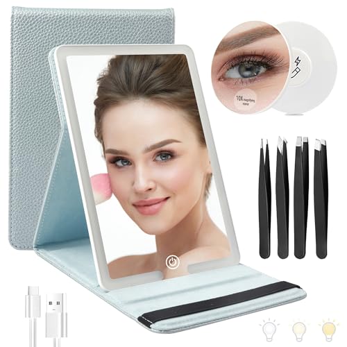 WangSelect Travel Mirror with Light, Portable Travel Makeup Mirror, Rechargeable 2000mAh and 3 Color Settings Lighted Vanity Mirror, Include 10X Magnifying Mirror & Tweezers - Ice Blue