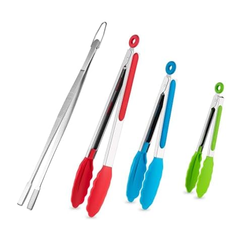 Kitchen Tongs Set of 3 (7"/9"/12") plus 12-inch Stainless Steel Food Tweezers Cover