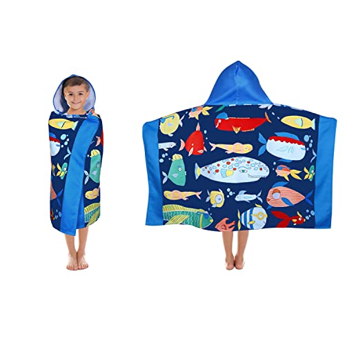 Violet Mist Kids Ocean Fishes Hooded Beach Towel Boys Cute Poncho Pool Towels with Hood 31 in*51 in Soft Microfiber Swim Cover-ups Kids Ages 3-10 Thick Absorbent Cotton Hooded Bath Towel Wrap Bathrobe