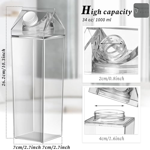 Image of 1000ML Milk Carton Water Bottle, Clear Plastic Milk Box Portable Leakproof Square Juice Bottle for Outdoor Sports Travel Camping (6 Pcs)