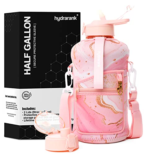 Half Gallon Water Bottle with Storage Sleeve Includes Straw Lid and Chug Lid - BPA Free Reusable Large Water Jug with Handle - H2O Big Sports Container 2.2 Liters (74 Ounce), Pink Marble