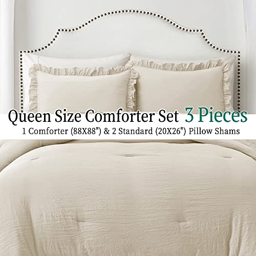 Home Bed Bedding Comforter Set - 3 Pieces Queen Comforter Set, Farmhouse Bedding Set With Ruffle Bed Comforter & Ruffle Pillows Shams(Queen Size Wheat) #TOP3